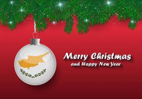 Vector border of Christmas tree branches and ball with cyprus flag. Merry chr Stock Illustration