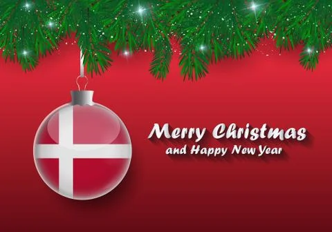 Vector border of Christmas tree branches and ball with denmark flag. Merry ch Stock Illustration