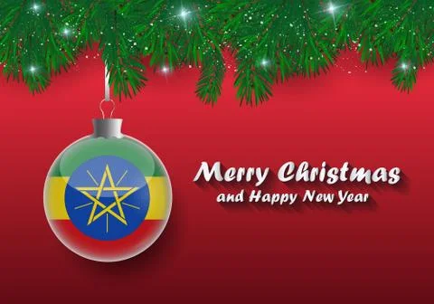 Vector border of Christmas tree branches and ball with ethiopia flag. Merry c Stock Illustration