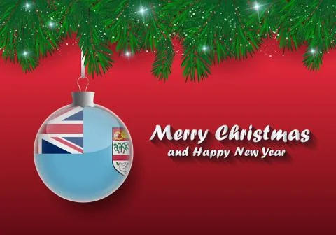 Vector border of Christmas tree branches and ball with fiji flag. Merry chris Stock Illustration