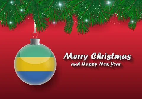 Vector border of Christmas tree branches and ball with gabon flag. Merry chri Stock Illustration