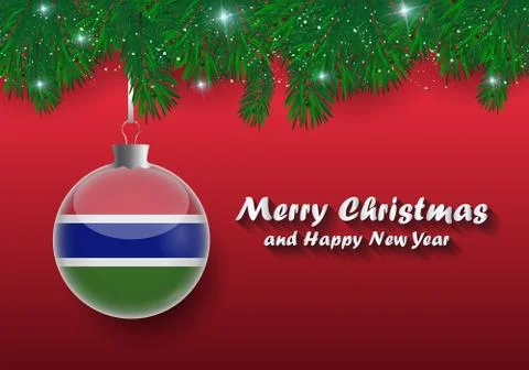 Vector border of Christmas tree branches and ball with gambia flag. Merry chr Stock Illustration