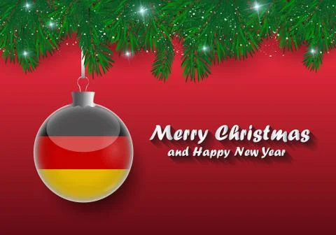 Vector border of Christmas tree branches and ball with germany flag. Merry ch Stock Illustration