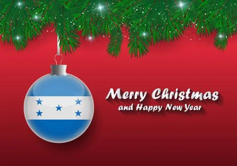 Vector border of Christmas tree branches and ball with honduras flag. Merry c Stock Illustration