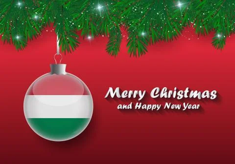 Vector border of Christmas tree branches and ball with hungary flag. Merry ch Stock Illustration