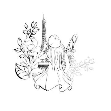 Vector border with Eiffel Tower, Parisian woman, sweet deserts and bakery Stock Illustration