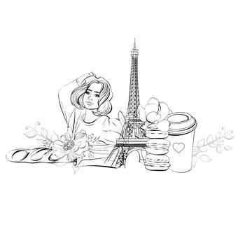 Vector border with Eiffel Tower, Parisian woman, Paper cup of coffee, sweet イラスト素材