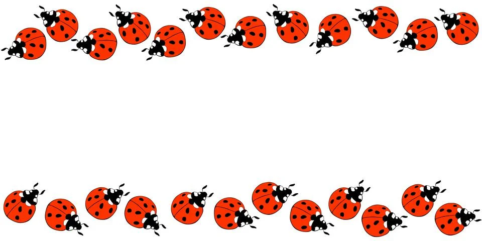 Vector border, frame of cute bright red ladybugs in doodle flat style. Horizo Stock Illustration