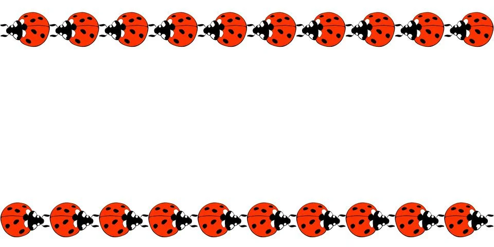 Vector border, frame of cute bright red ladybugs in doodle flat style. Horizo Stock Illustration