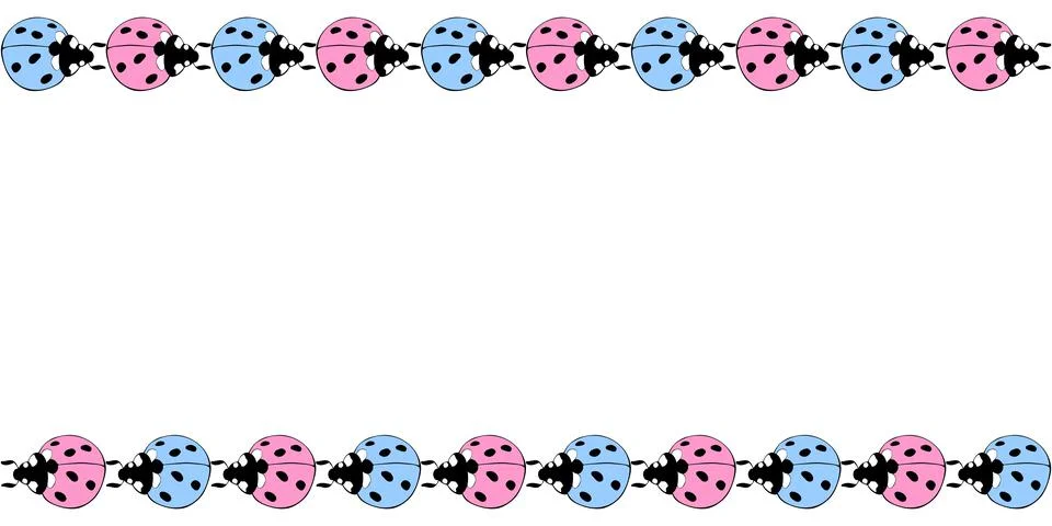 Vector border, frame of cute pink blue ladybugs in doodle flat style. Horizon Stock Illustration