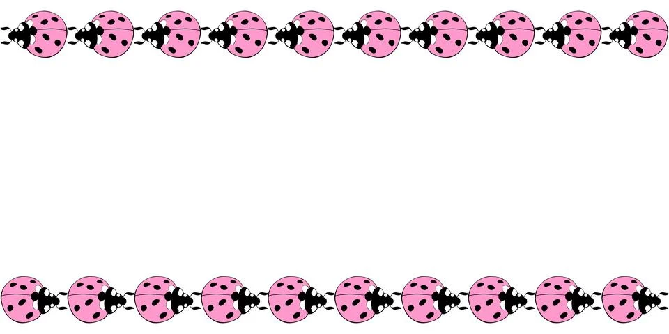 Vector border, frame of cute pink ladybugs in doodle flat style. Horizontal t Stock Illustration