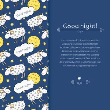 Vector border with images cute sheep on background night sky with moon and wi Stock Illustration