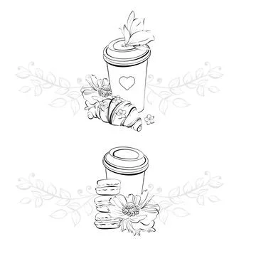 Vector border Paper cup of coffee. French pastry dessert- croissant and Stock Illustration