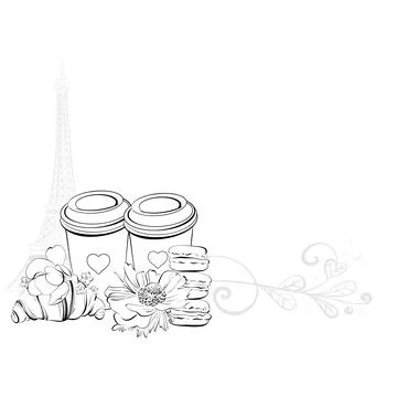 Vector border Paper cup of coffee. French pastry dessert- croissant and イラスト素材