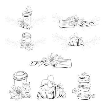 Vector border set croissant and baguette. French pastry dessert. Paris cafe Stock Illustration