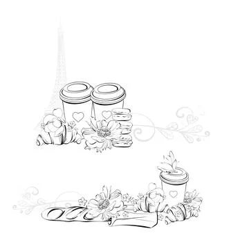 Vector border set Eiffel tower in romantic style. Paper cup of coffee. French Stock Illustration