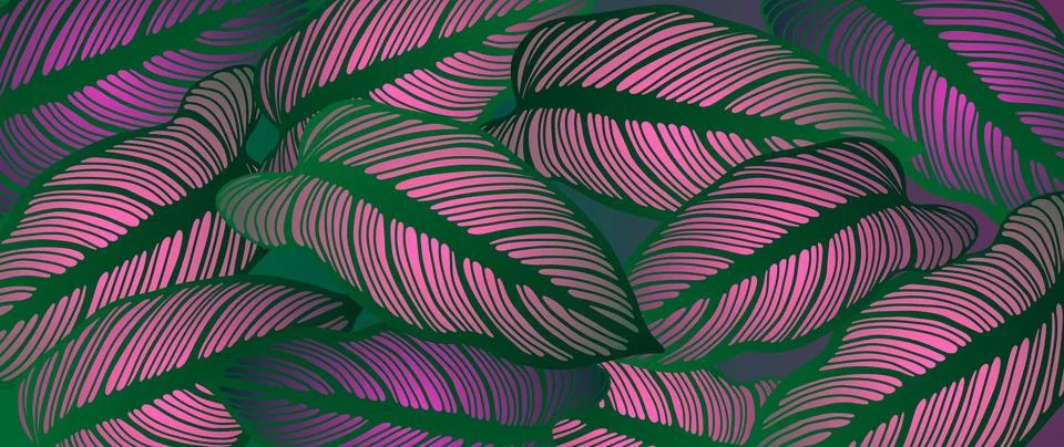 Vector botanical background with vibrant green leaves with pink accents. Stock Illustration