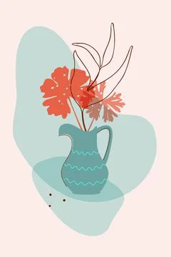 Vector botanical minimalistic poster, hand drawn flat boho style, blue decorated Stock Illustration