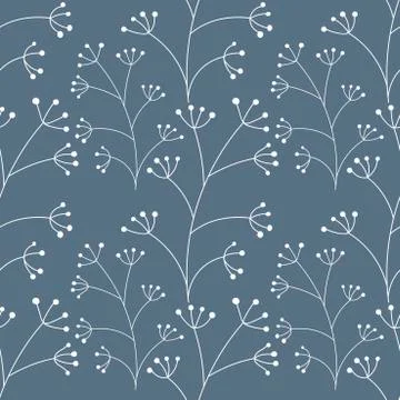 Vector Botanical seamless background with white twigs on blue . Decorative te Stock Illustration