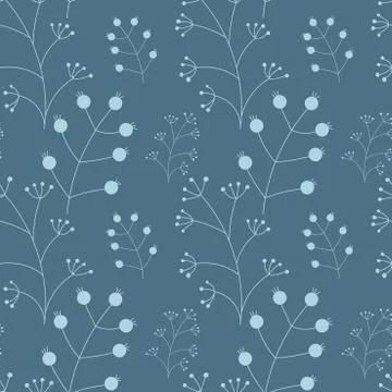 Vector Botanical seamless background with white twigs with berries on blue .  Stock Illustration