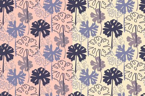 Vector botanical seamless pattern, blue silhouettes, outline flowers, leaves of Stock Illustration