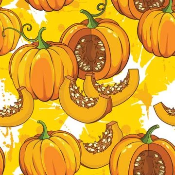 Vector botanical seamless pattern with pumpkins, flowers and leaves Stock Illustration