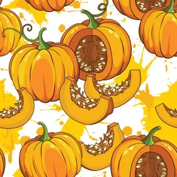 Vector botanical seamless pattern with pumpkins, flowers and leaves Stock Illustration