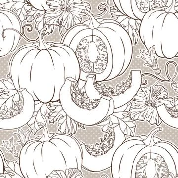 Vector botanical seamless pattern with pumpkins, flowers and leaves Stock Illustration