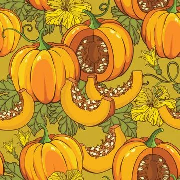 Vector botanical seamless pattern with pumpkins, flowers and leaves Stock Illustration