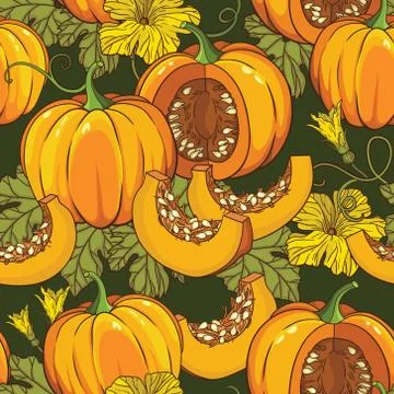 Vector botanical seamless pattern with pumpkins, flowers and leaves Stock Illustration