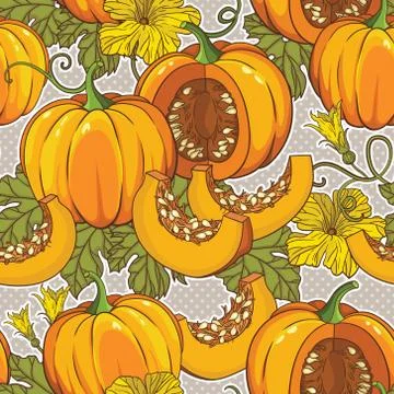 Vector botanical seamless pattern with pumpkins, flowers and leaves Stock Illustration
