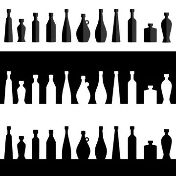 Vector. Bottle row silhouette. Set of bottles. Flat design. Isolated Stock Illustration