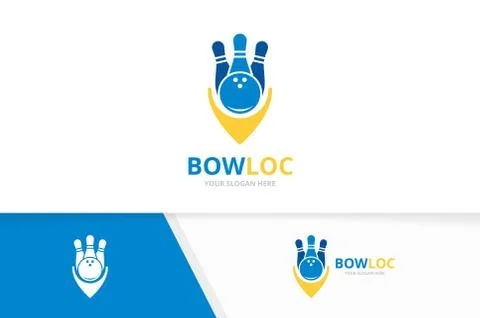 Vector bowling and map pointer logo combination. Game and gps locator symbol or Stock Illustration