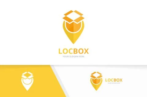 Vector box and map pointer logo combination. Package and gps locator symbol or Stock Illustration