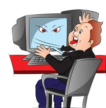 Vector of boy attacked by his computer. Stock Illustration