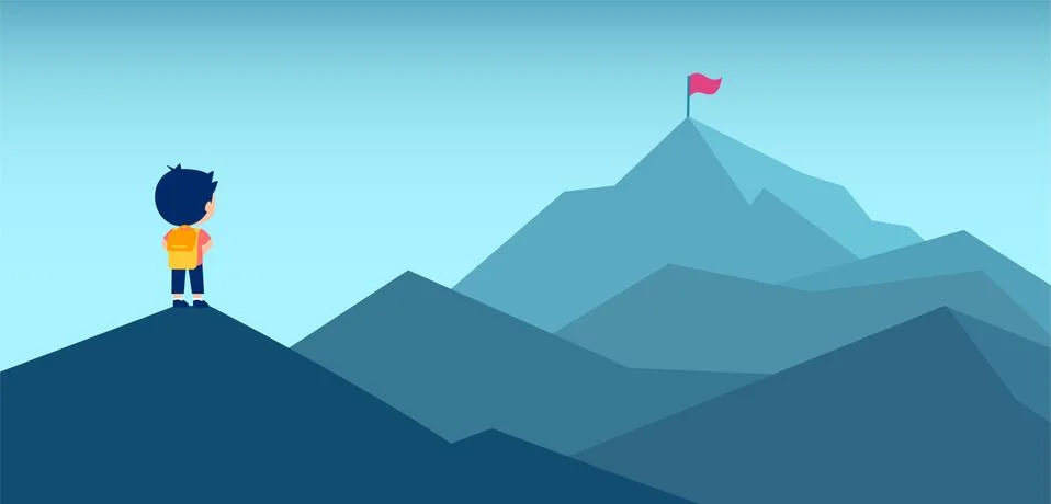 Vector of a boy with backpack looking at a mountain top with a red flag Stock Illustration