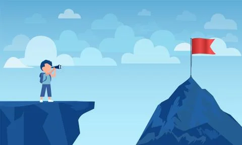 Vector of a boy on a cliff edge looking through binoculars to a red flag on a Stock Illustration