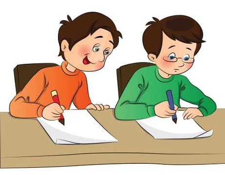 Vector of boy copying from other student's paper. Stock-Illustration