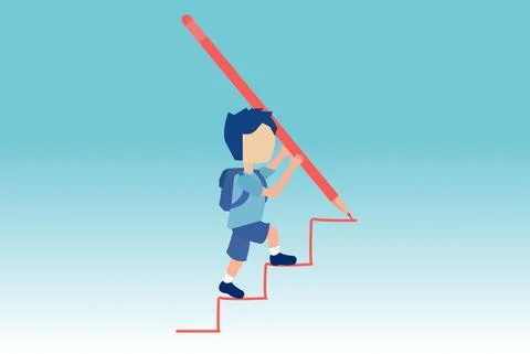 Vector of a boy drawing rising up staircase with a huge pencil and climbing u Stock Illustration