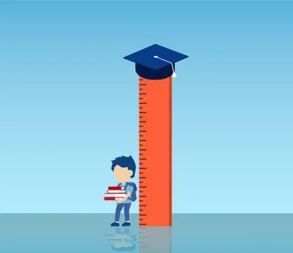 Vector of a boy holding books standing by a ruler with graduation cap on top Stock Illustration