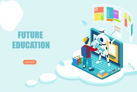 Vector of a boy interacting with robot online, using laptop to study online Illustrazione stock