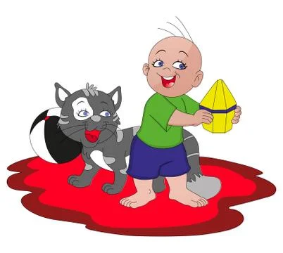 Vector of boy playing with cat. Stockillustratie