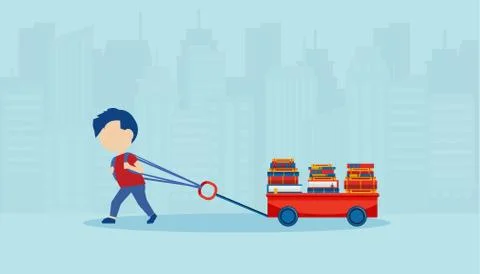 Vector of a boy pulling a cart loaded with books Stock Illustration