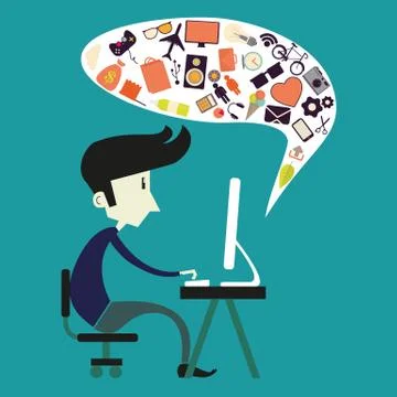 Vector boy sitting at computer in flat style Stock Illustration