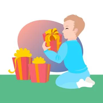 Vector boy sitting on the floor and opens up new year gifts Stock Illustration