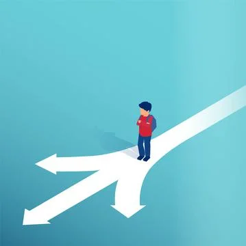 Vector of a boy standing at crossroads making a decision which way to go in l Stock Illustration