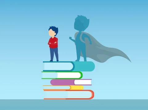 Vector of a boy standing on a pile of books with super hero shadow of himself Stock Illustration