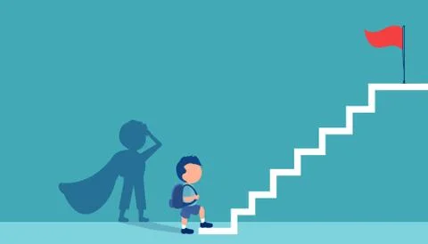 Vector of a boy with a super hero shadow climbing up stairs to reach his goal Stock Illustration