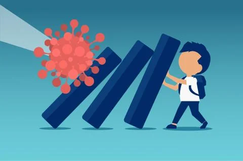 Vector of a boy trying to stop domino effect provoked by coronavirus pandemic Stock Illustration