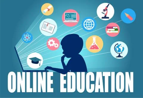 Vector of a boy using a computer surrounded by education icons 스톡 일러스트